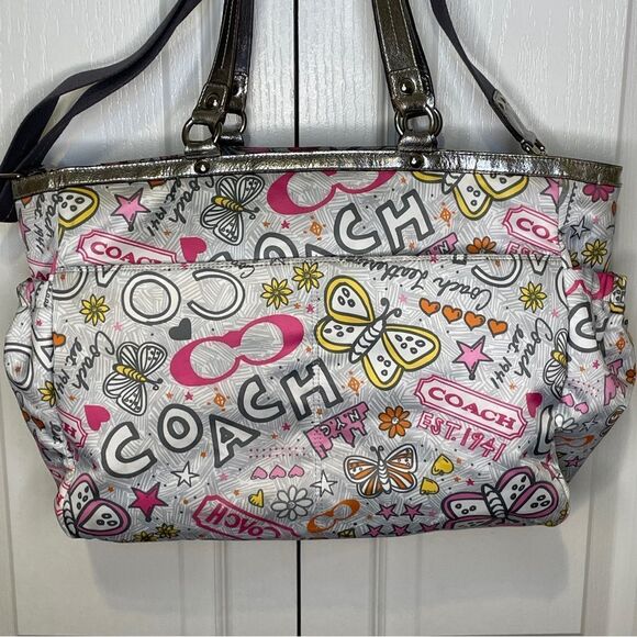 Coach Butterfly Bandana Graffiti Diaper Bag Metallic Silver Pink Yellow - Picture 4 of 17